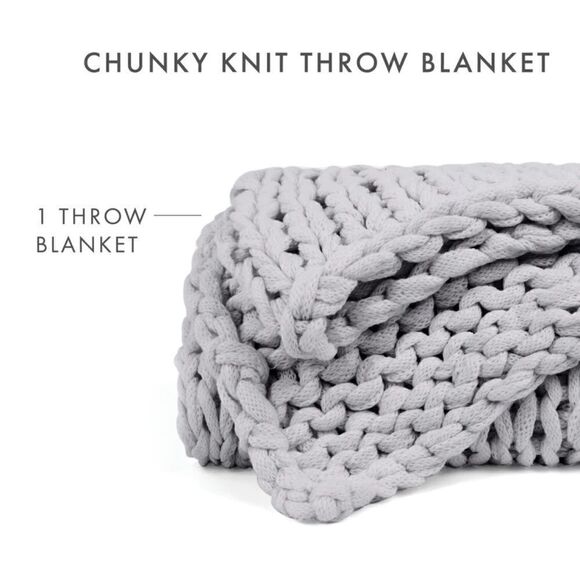 Light Gray Chunky Knitted Woven Throw Blanket Farmhouse Country Cozy Christmas - Picture 4 of 4